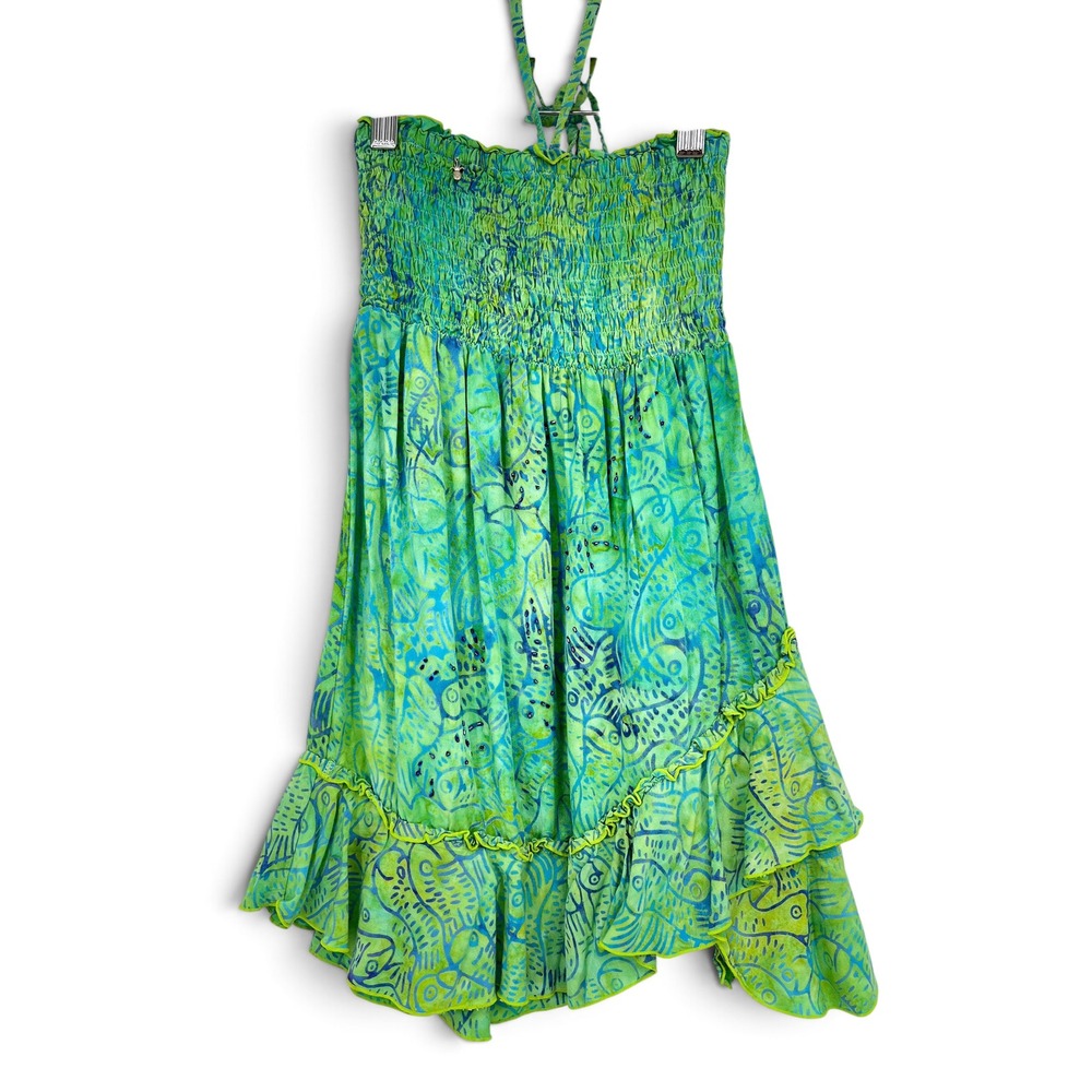 Pineapple Kidz Girls Green Smocked Halter Dress Ruffle Hem Beach Dress Sz. 7-8